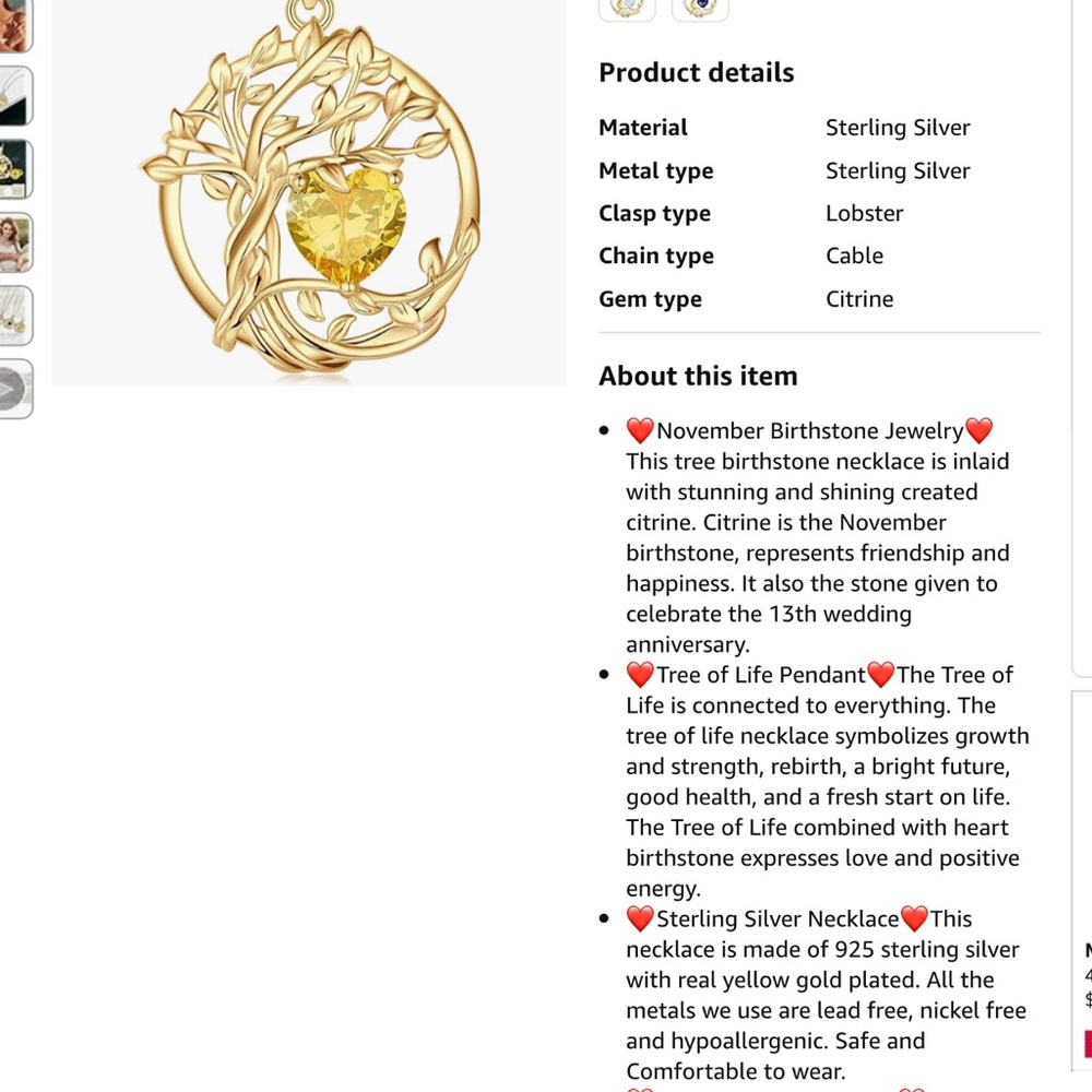 Fancime Tree of Life Heart Birthstone Necklace Fanci Me Sterling Citrine NEW - Picture 15 of 16